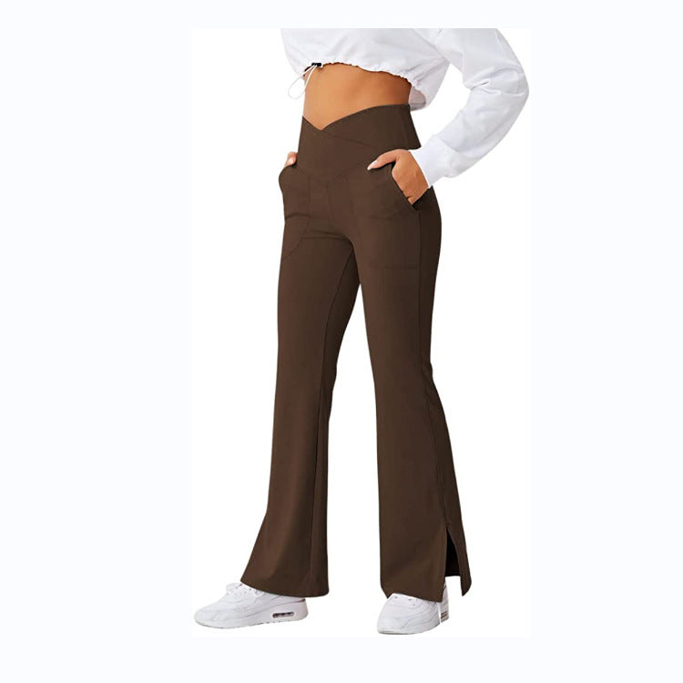 Spring Women's Workout Exercise Pants Akimbo Pants Split Flared Pants Brown
