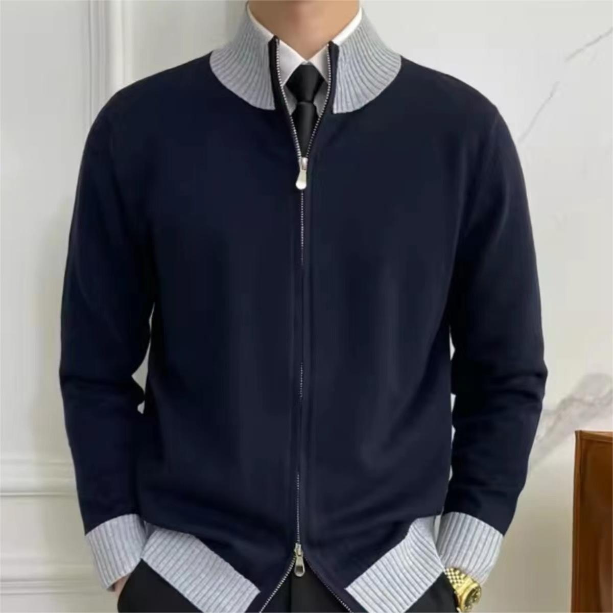 Knitwear Coat For Men Trendy Brand Long Sleeve Navy Blue Polyster