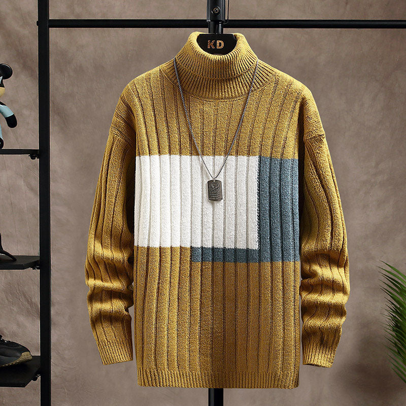 Square Color Stitching Thickened Turtleneck Men's Knitted Sweater Yellow Polyster