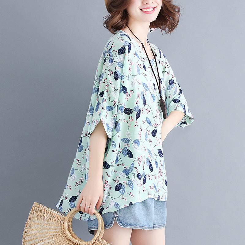 Women's loose chiffon printed bat short-sleeved T-shirt women