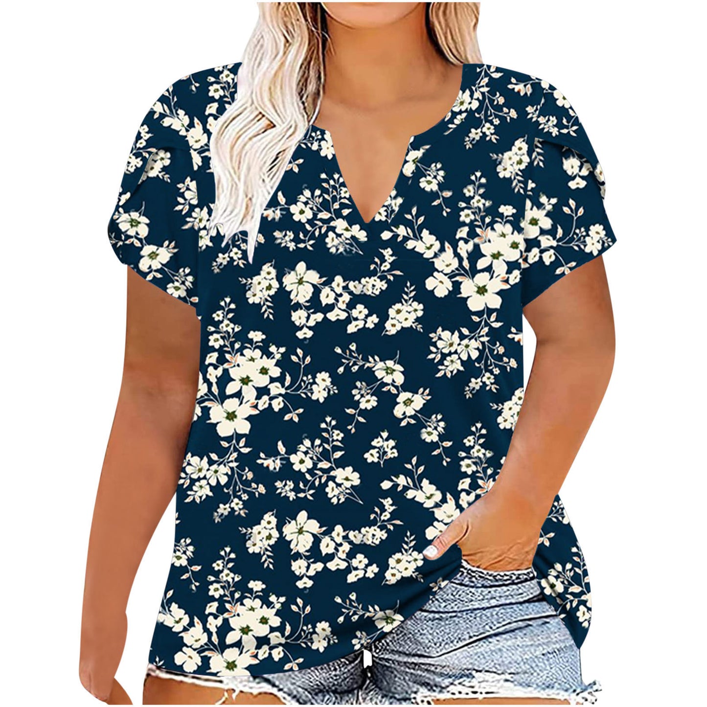 European And American Women's Large Short Sleeved T-shirt For Women Blue background yellow