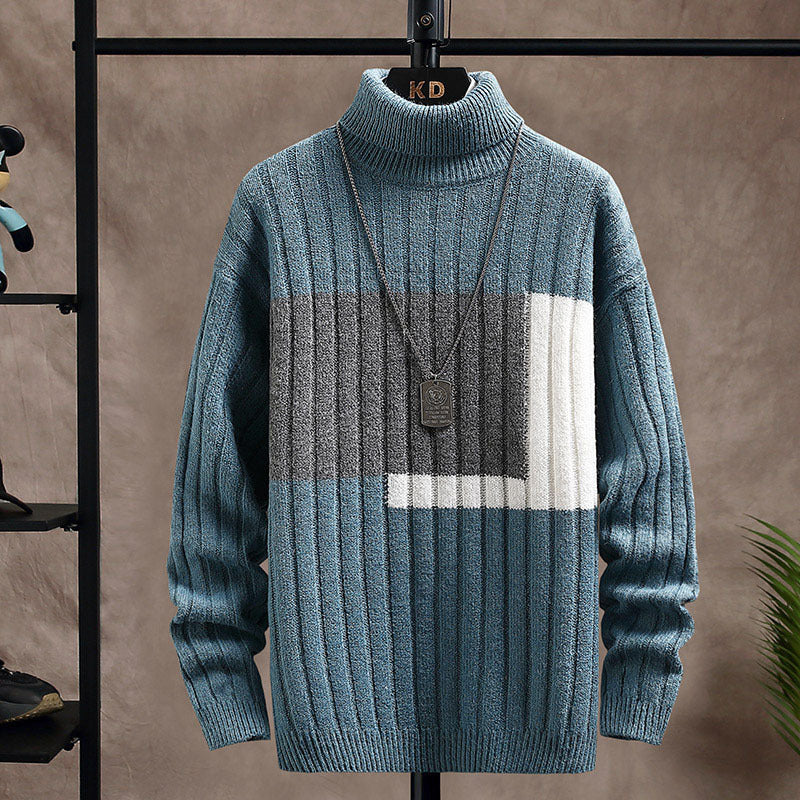 Square Color Stitching Thickened Turtleneck Men's Knitted Sweater Blue Polyster