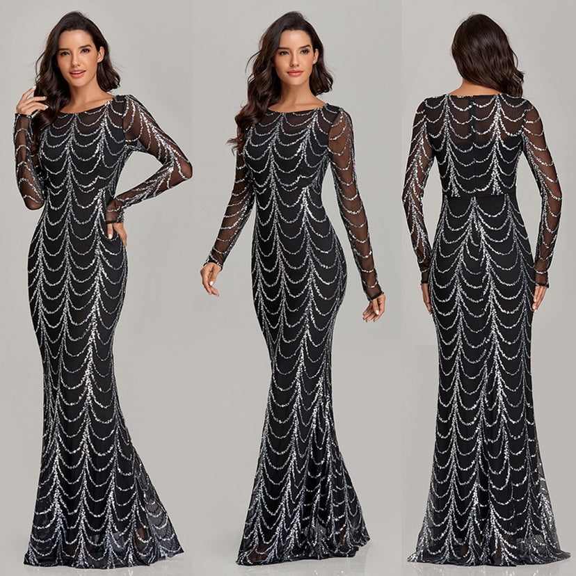 Sequins Women Maxi Dresses Long Sleeve Female Party Dresses Figure1