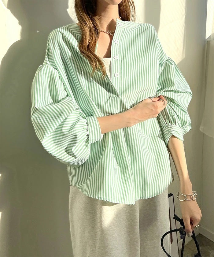 Women's Shirt Summer Loose High Sense Green Stripes