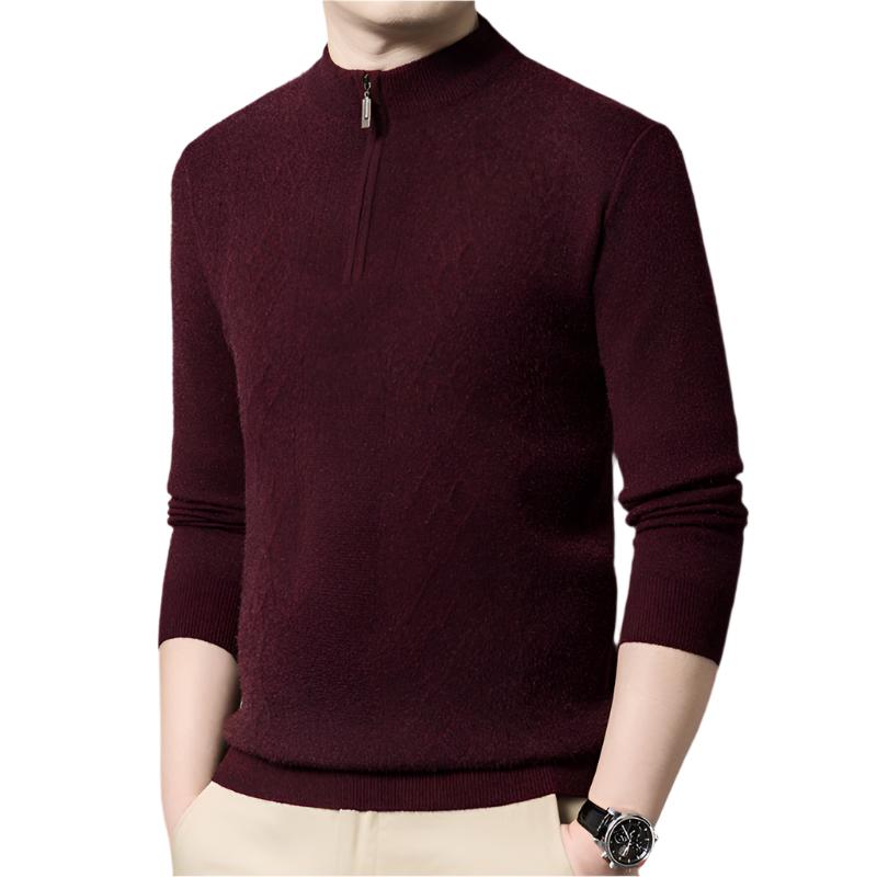 Thick Sweater Men's Half Turtleneck Zipper Maroon Wool