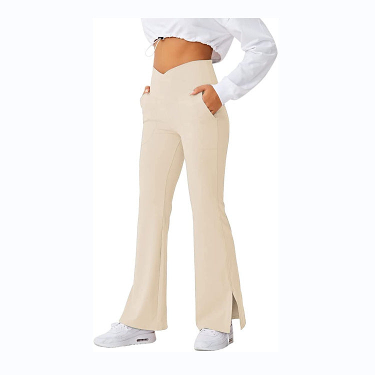 Spring Women's Workout Exercise Pants Akimbo Pants Split Flared Pants Khaki