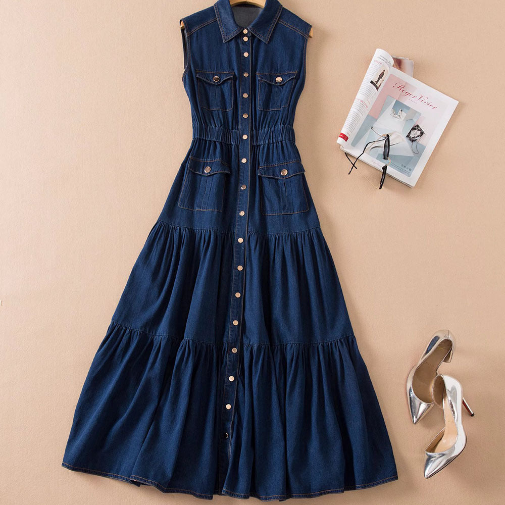 Lapel Single Breasted Elastic Waist Casual Denim Dress