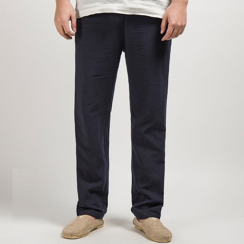 Chinese Style Men's Linen Men's Casual Pants Navy Blue