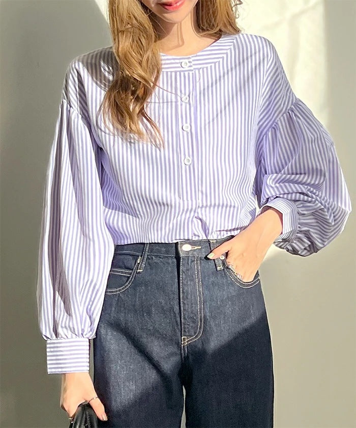 Women's Shirt Summer Loose High Sense Purple Stripe