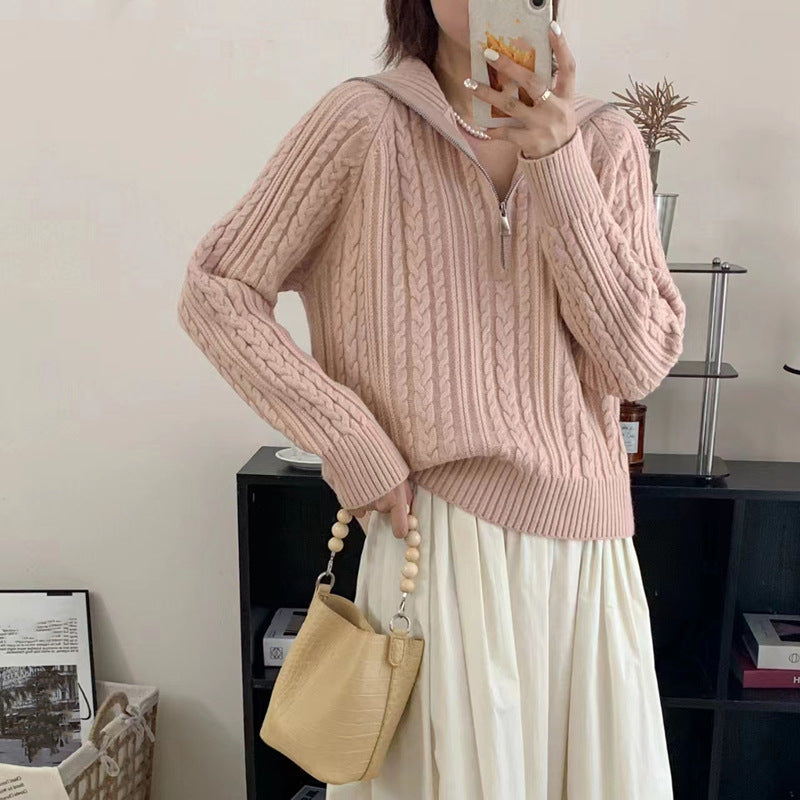 Lapel Half Zipper Cable-knit Pullover Sweater For Women Pink Free Size