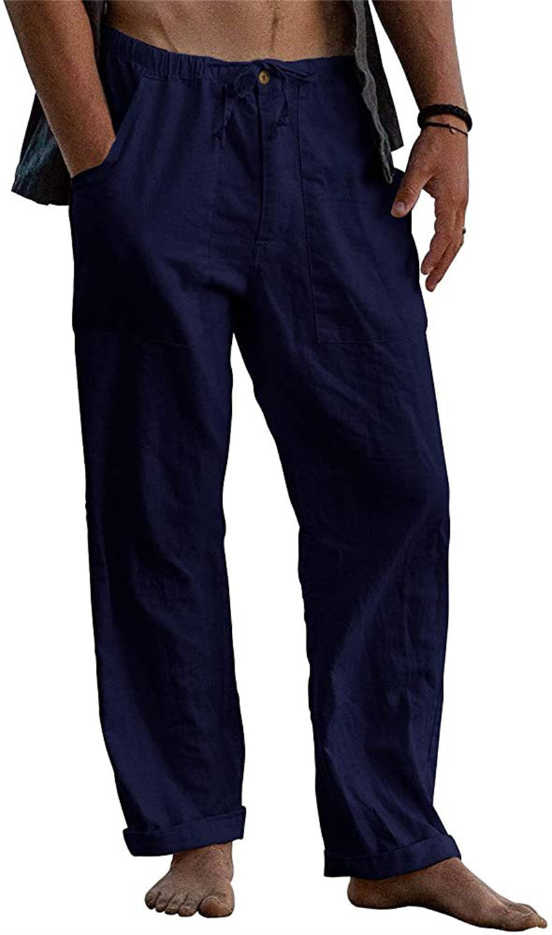 Men's Linen Casual Drawstring Loose Pants Blue
