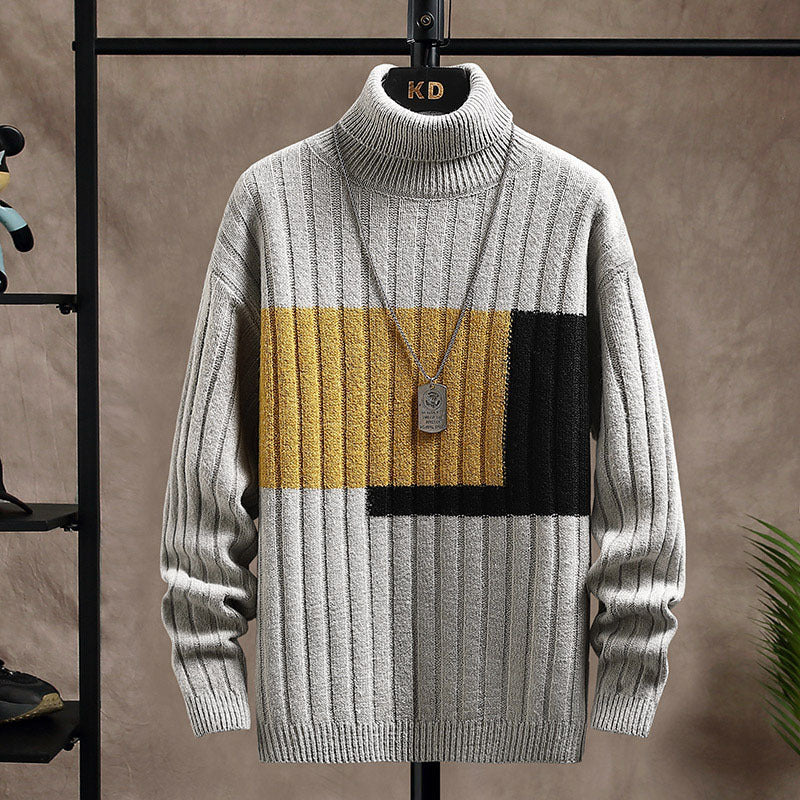 Square Color Stitching Thickened Turtleneck Men's Knitted Sweater Gray Polyster