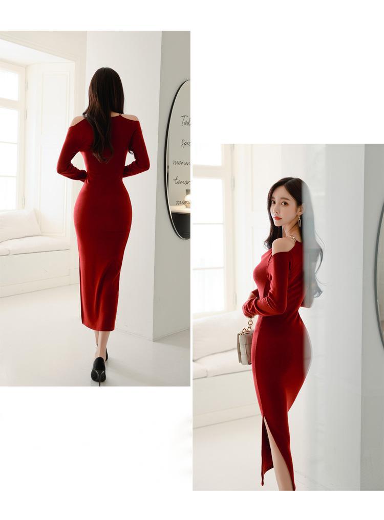 Off-the-shoulder Knit Split Long Gown Dress