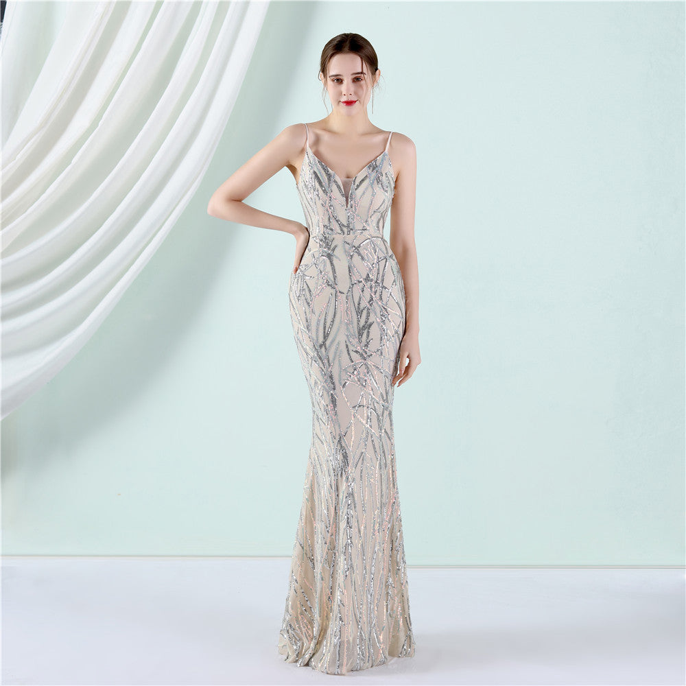 Women's Long Sequin Party Evening Dress Apricot