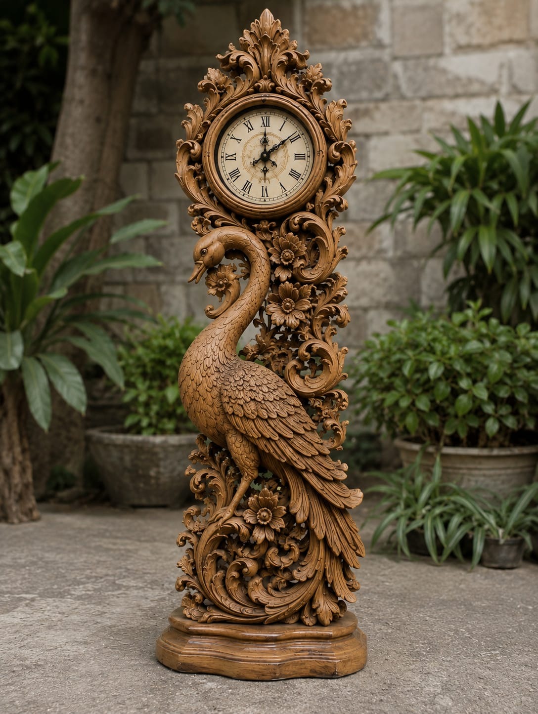 Hand-Carved Wooden Grandfather Clock 60 Inch with Peacock Design | Antique Brown Hardwood Floor Clock for Living Room, Foyer & Gifting