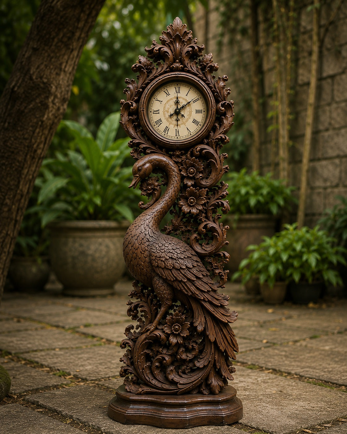 Hand-Carved Wooden Grandfather Clock 60 Inch with Peacock Design | Antique Brown Hardwood Floor Clock for Living Room, Foyer & Gifting
