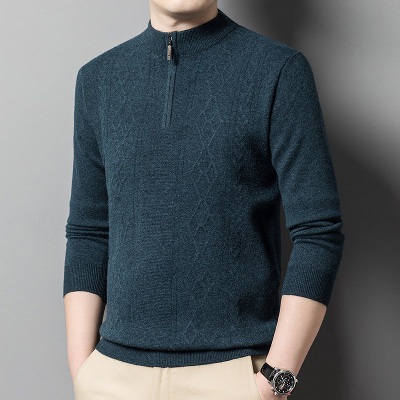 Thick Sweater Men's Half Turtleneck Zipper Dark Green Wool