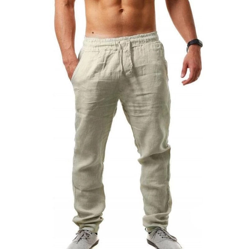 Summer Men's Breathable Linen Loose Leisure Sports Trousers Beige