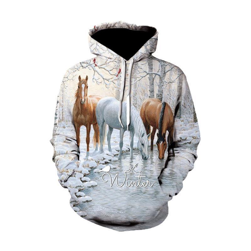 Printed Animal Horse Painting Hoodie Fashion Men Loose Sweater DWWY 421