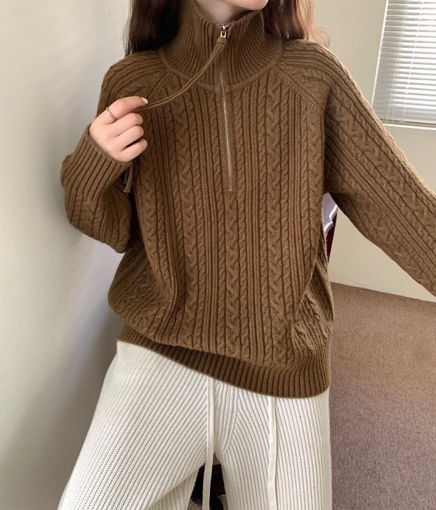 Lapel Half Zipper Cable-knit Pullover Sweater For Women Brown Free Size