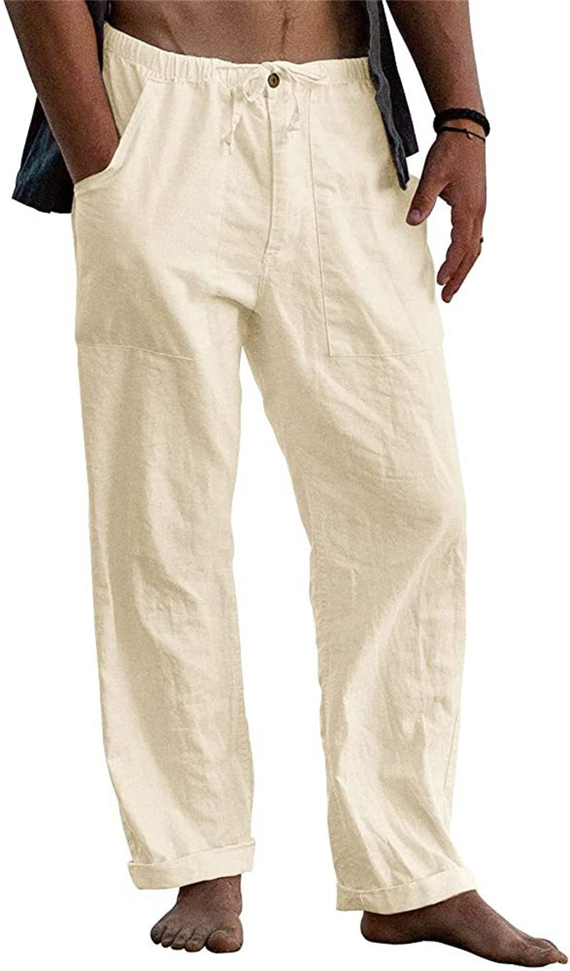 Men's Linen Casual Drawstring Loose Pants Khaki