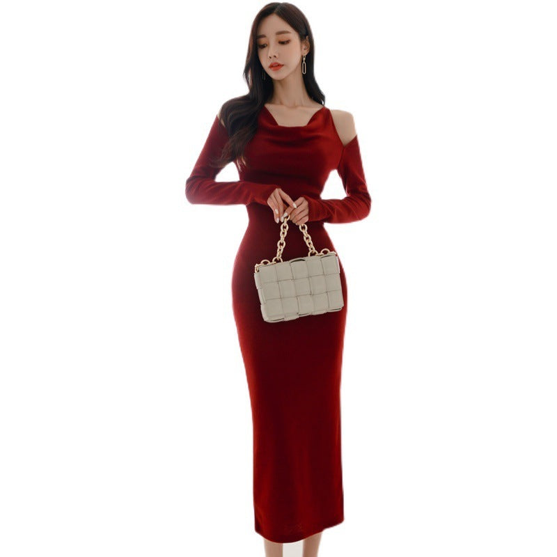 Off-the-shoulder Knit Split Long Gown Dress