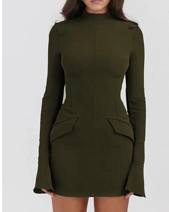 Fashion Slim-fit Long-sleeved Dress Sexy Hip-overing Temperament Elegant Dresses Women's Clothing Olive green