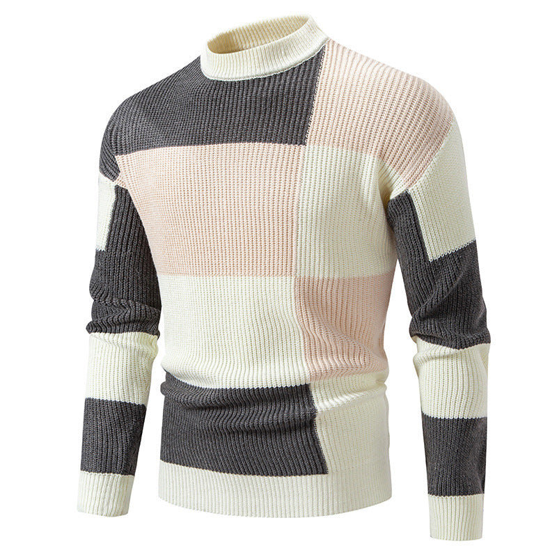 Men's Sweater Sweater Half Turtleneck Color Matching Casual White