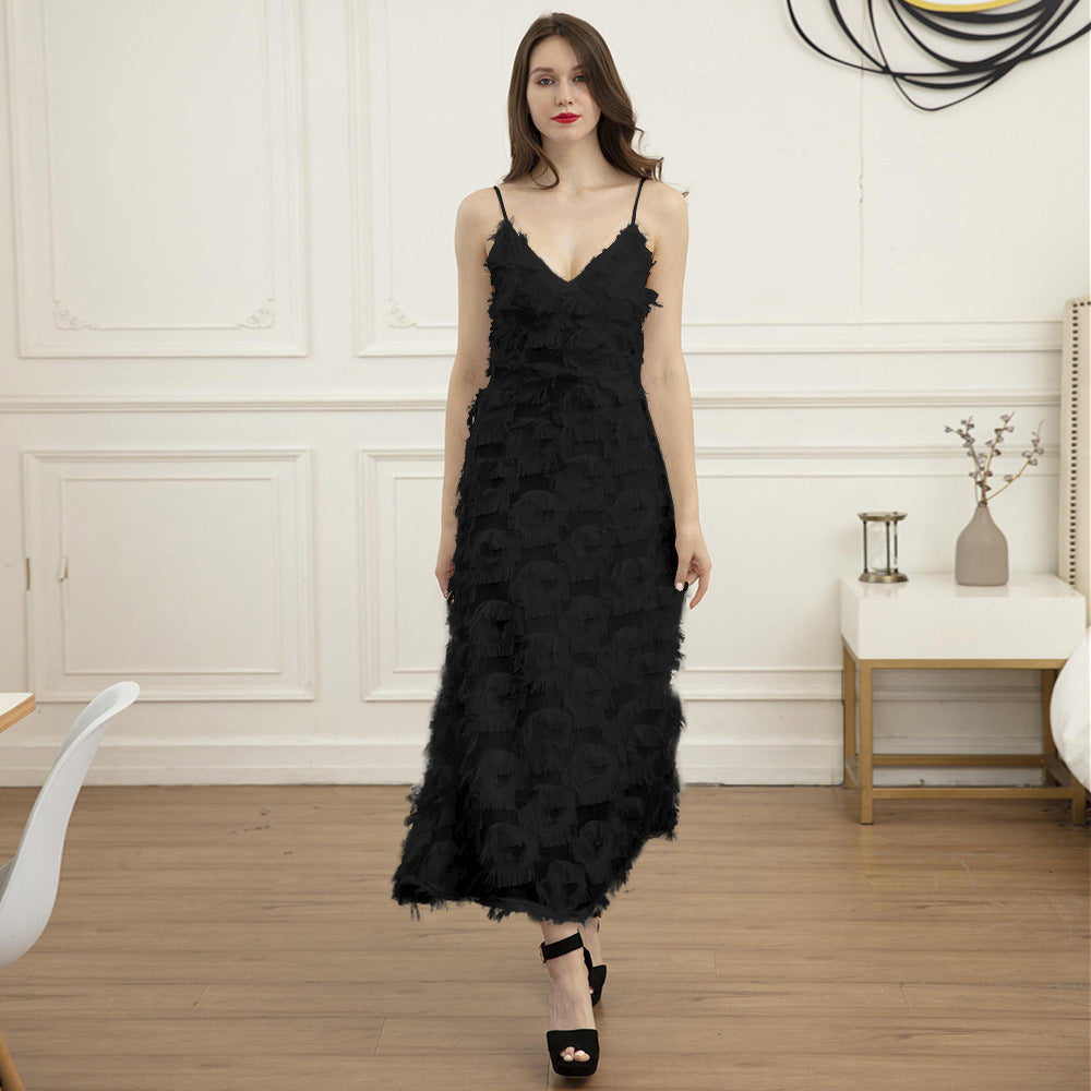 Backless Feather Lace Party Long Dress Black