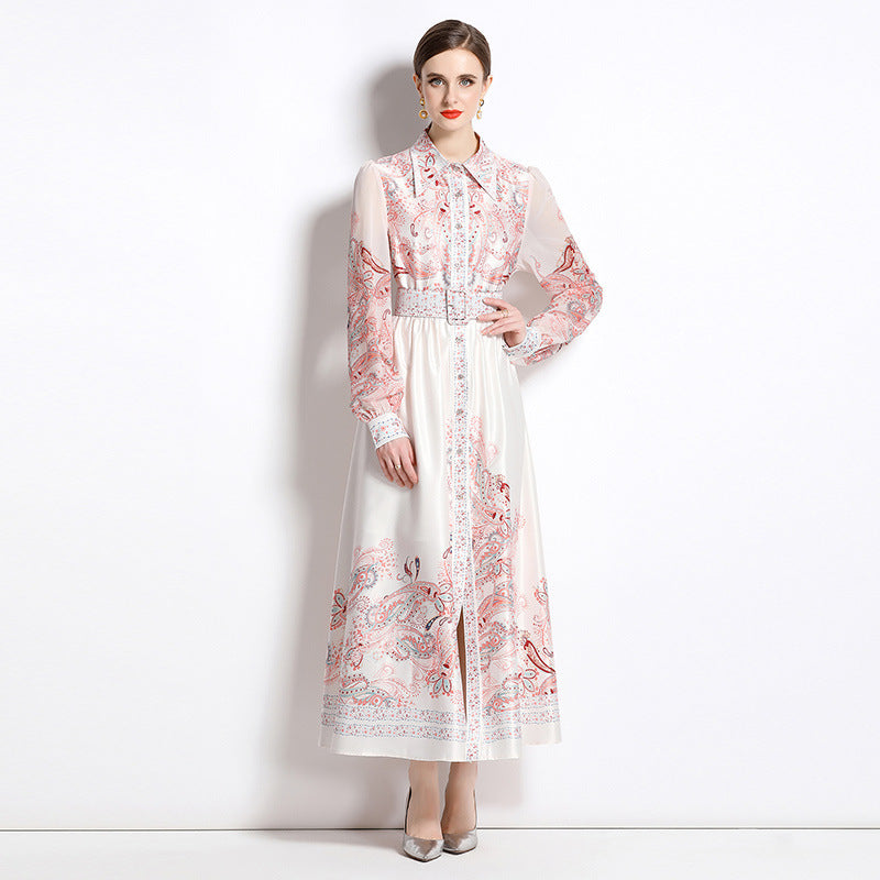 Retro Printed Cardigan Single-breasted Dress Picture Color