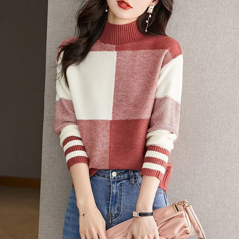 Fashion Colorblock Western Style Youthful-looking Loose Slimming Bottoming Shirt Red Wool