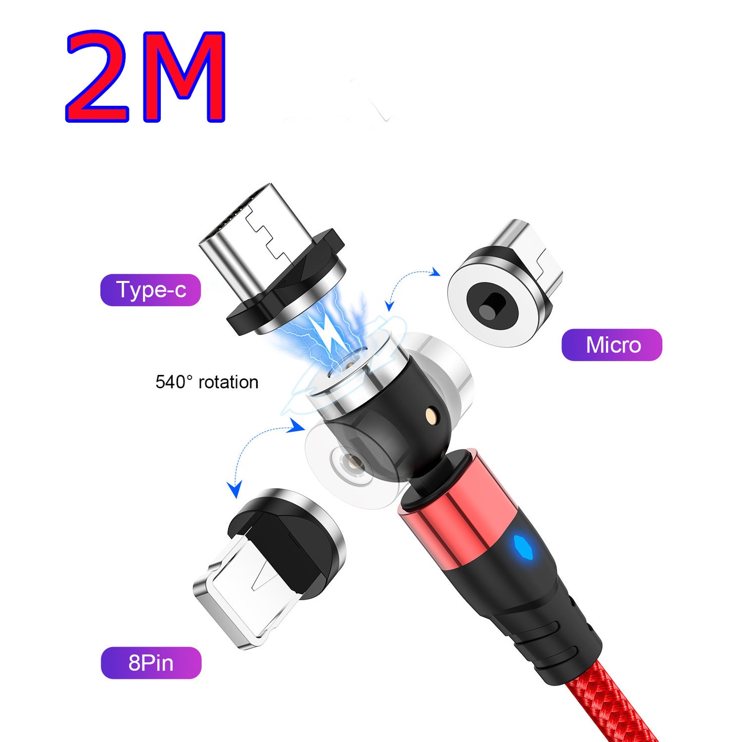 Magnetic Data Cable - Android/iOS/Type-C Red 2M 3magnetic suction heads