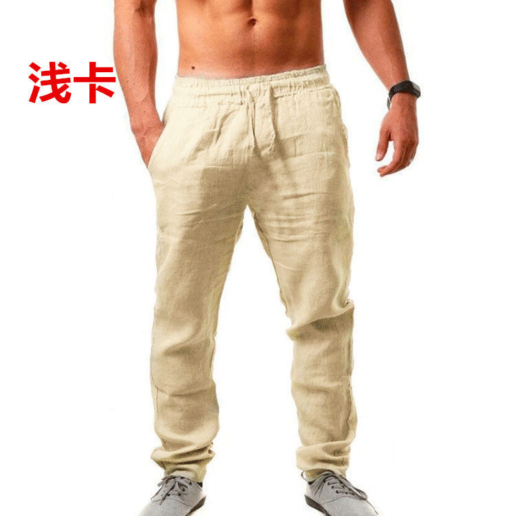Summer Men's Breathable Linen Loose Leisure Sports Trousers Light Khaki