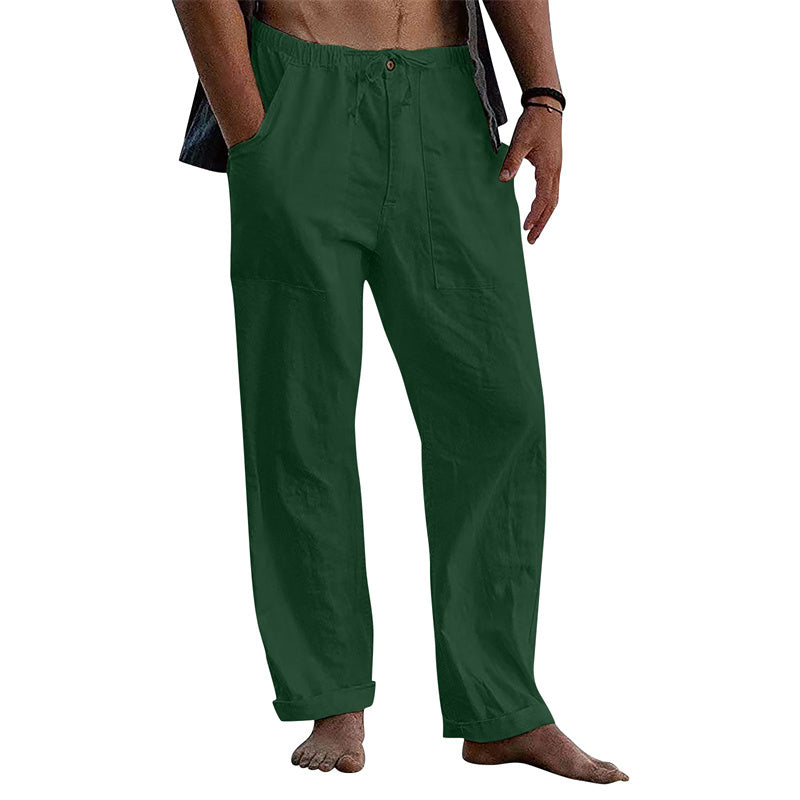 Men's Linen Casual Drawstring Loose Pants Dark Green