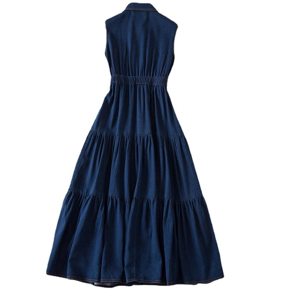 Lapel Single Breasted Elastic Waist Casual Denim Dress Blue