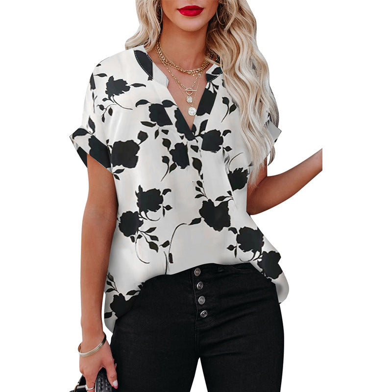 Summer Women's Clothing New Floral Print Short Sleeve Shirt For Women White