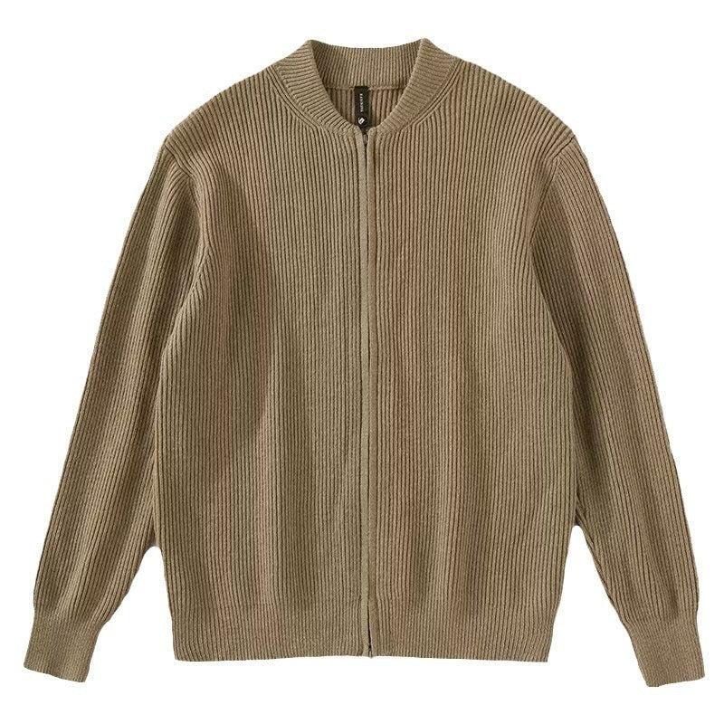Double Zipper Cardigan Sweater Men's Knitwear Coat Khakhi