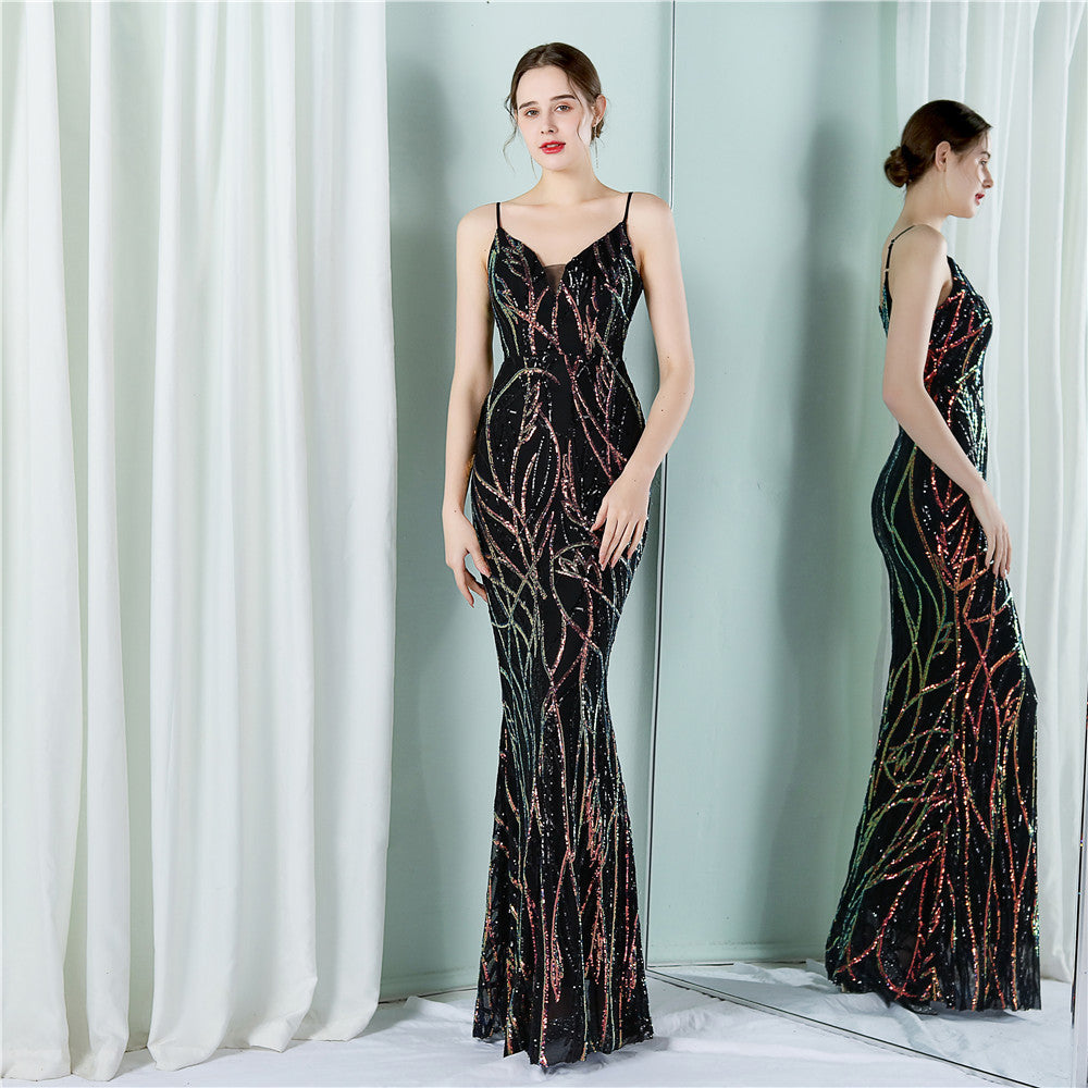 Women's Long Sequin Party Evening Dress Black