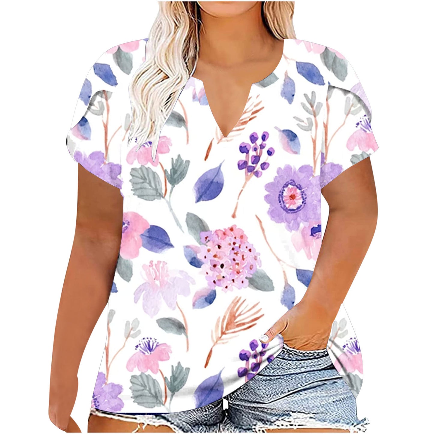 European And American Women's Large Short Sleeved T-shirt For Women White background flowers