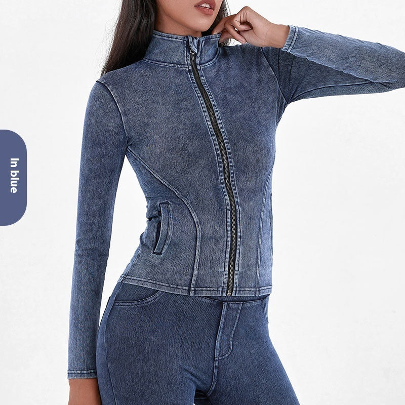 Slim Zippered Yoga Denim Jacket With Pockets High Collar Sports Fitness Outerwear Tops Coat For Women Clothing Medium Blue