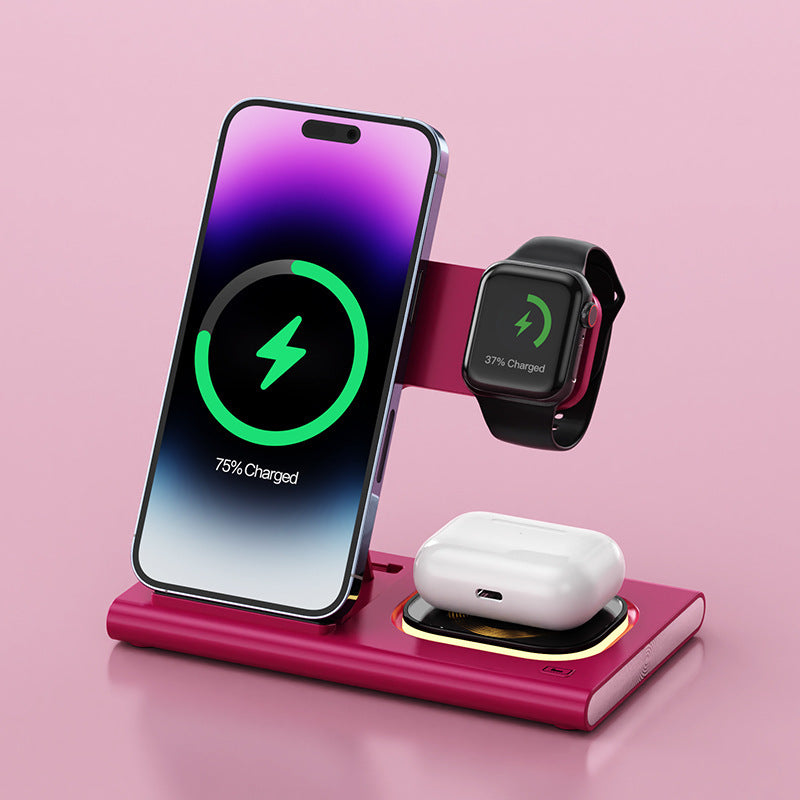 3 IN 1 15W Wireless Charging Charger Magnetic Desktop Night Light/watch Fast Charging Stand Maroon