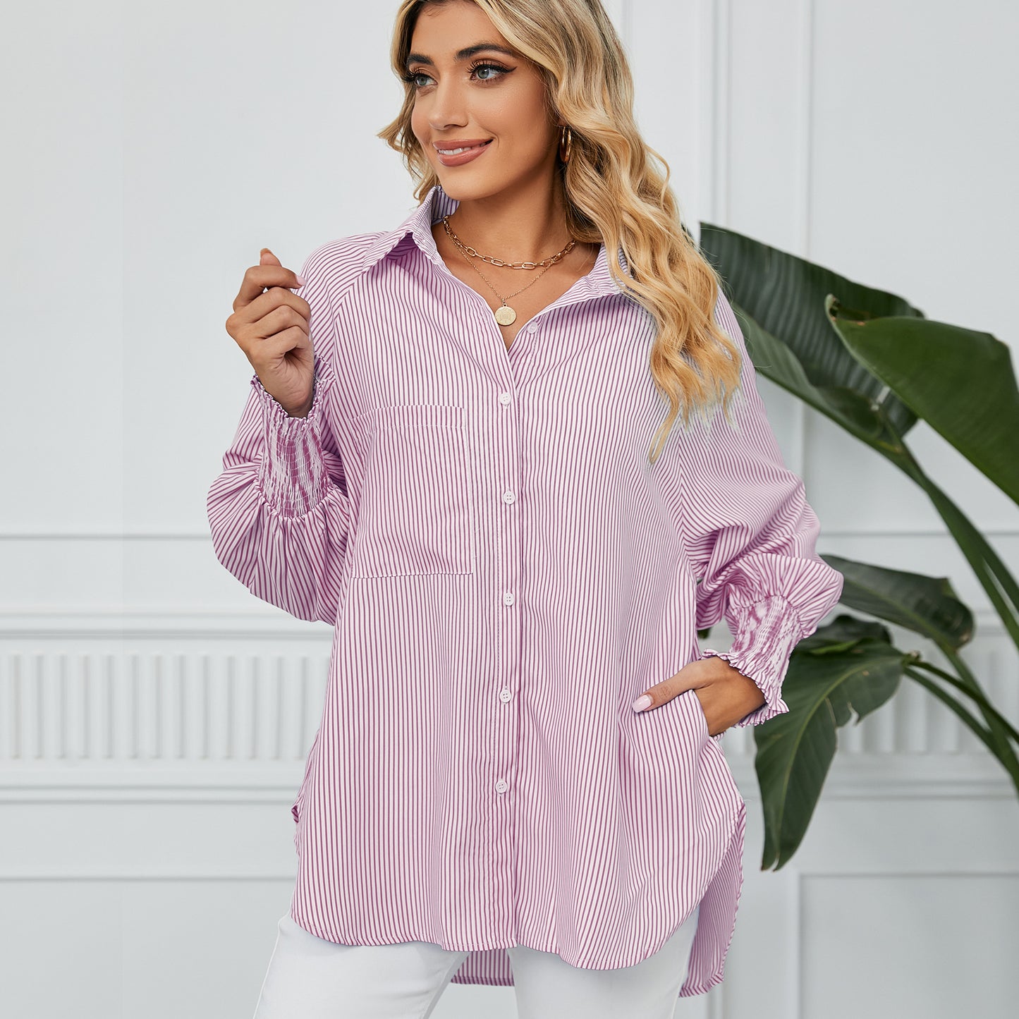 Cuff Pleating Loose Striped Top Women's Shirt