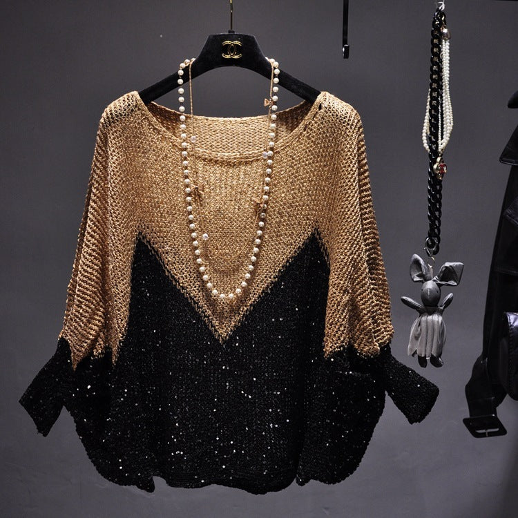 Sequined Pullover Loose Cape Batwing Shirt Hollow Round Neck Sweater