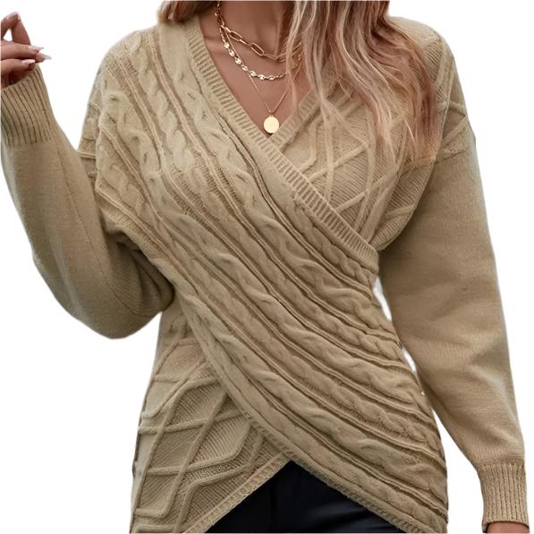 Women's Fashion Casual Solid Color And V-neck Cross Brocade Sweater Khakhi Acrylic