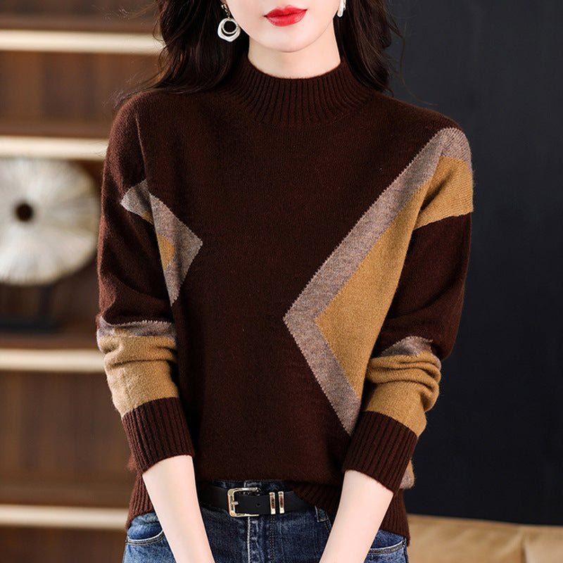 Women's Half Turtleneck Loose-fitting Versatile Sweater Color Matching Knitted Bottoming Shirt Brown Free Size Velvet