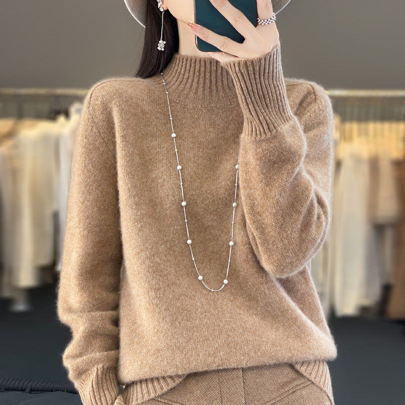 Women's Half Turtleneck Keep Warm Pure Color Cashmere Golden Camel Wool