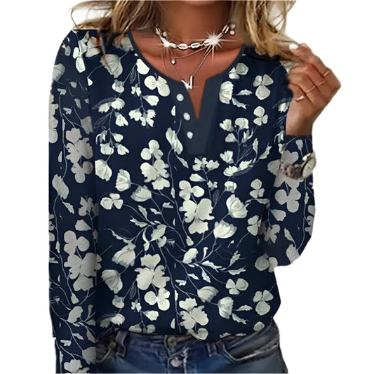 Loose Long Sleeve Floral Round Neck Button T-shirt For Women Navy Blue