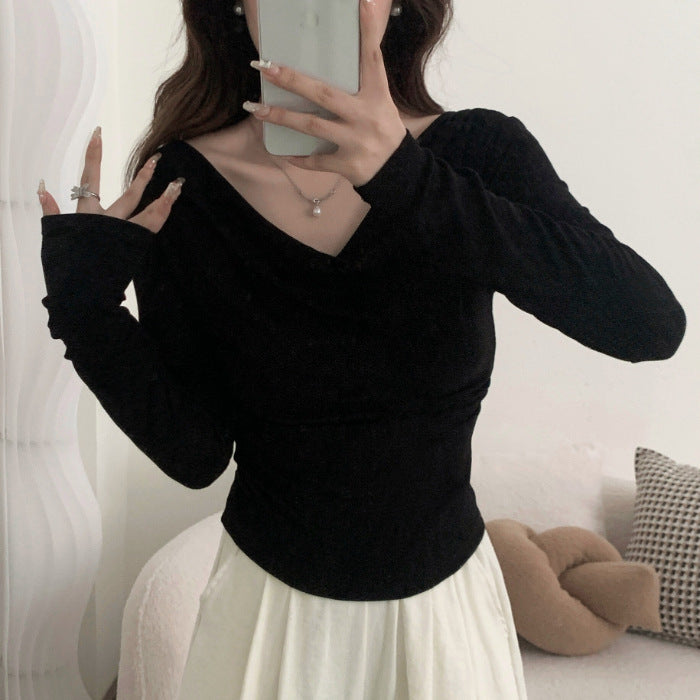 One-shoulder Cold-shoulder Long-sleeved T-shirt Women's Early Autumn Off-shoulder Top