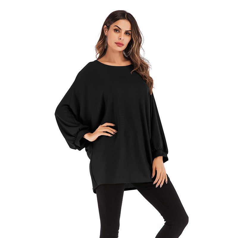 Autumn Fashion European And American Style Women's Large Size Long-sleeved T-shirt Solid Color Round Neck Top For Women Black Average Size