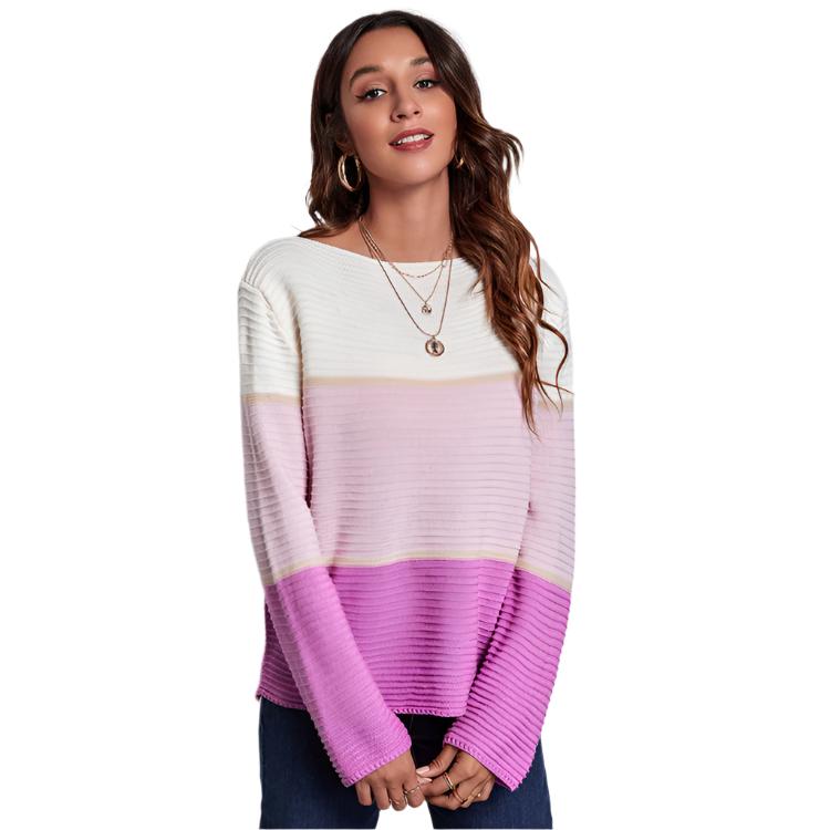 Contrast Color Large Striped Off-neck Knitted Sweater Rose Red Acrylic Fiber